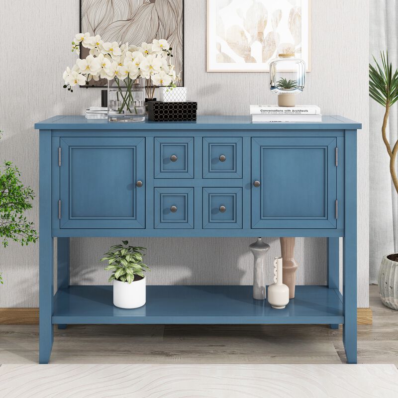 Whisen Vintage Console Table with Four Small Drawers and Bottom Shelf for Living Rooms, Entrances and Kitchens - Retro Blue