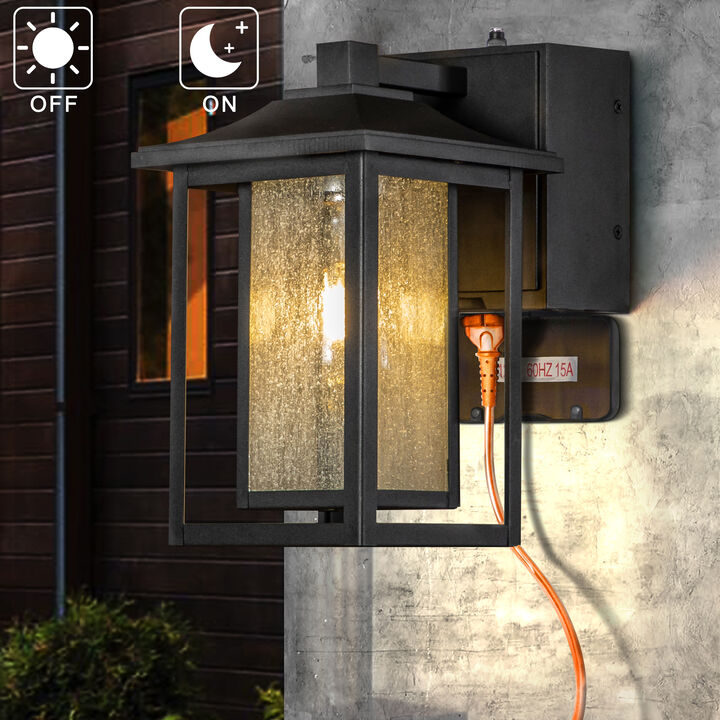 1-Light Black Dusk to Dawn Sensor Outdoor Wall Lantern Coach Sconces Light with Seeded Glass and built-in GFCI Outlets