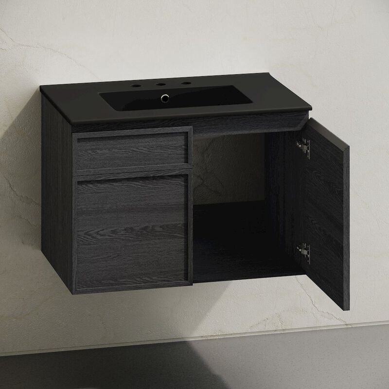 30" Wall-Mounted Bathroom Vanity in Black Oak, Black 3-Hole Widespread Sink Top image number 3