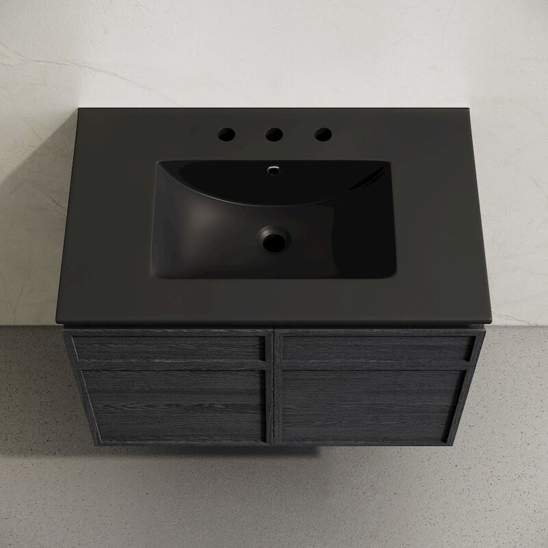 30" Wall-Mounted Bathroom Vanity in Black Oak, Black 3-Hole Widespread Sink Top image number 2