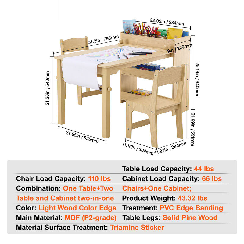 Kids Art Table with 2 Chairs Wood Toddler Activity Table with Storage Cabinet