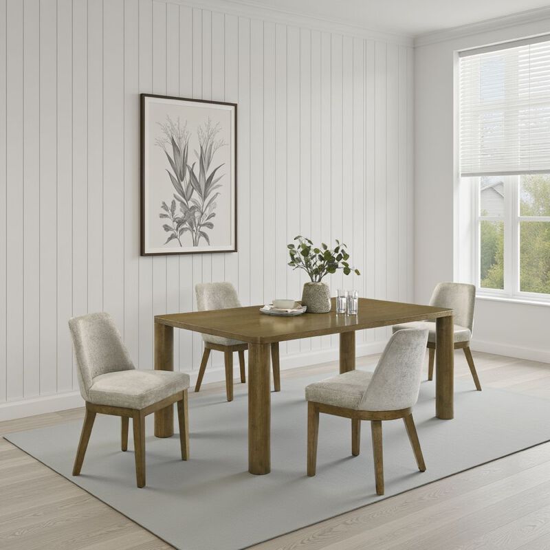 Givy Rectangular Dining Table with Round Post Legs, Brown Wood 71 Inch - Benzara