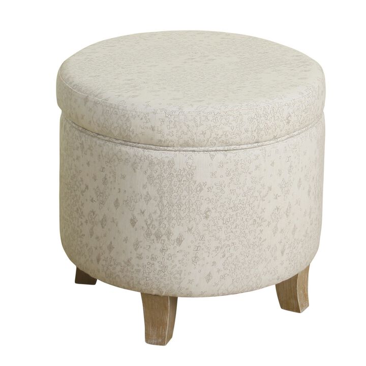 Fabric Upholstered Round Wooden Ottoman with Lift Off Lid Storage, Gray and Brown - Benzara