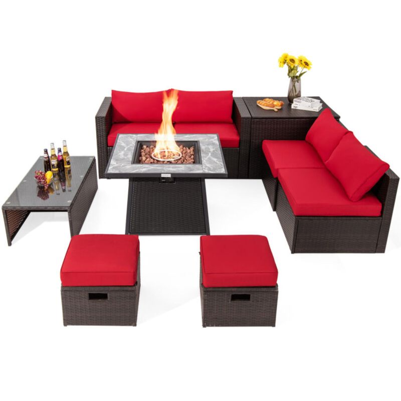 Hivvago 9 Pieces Patio PE Wicker Sectional Set with 50000 BTU Fire Pit Table