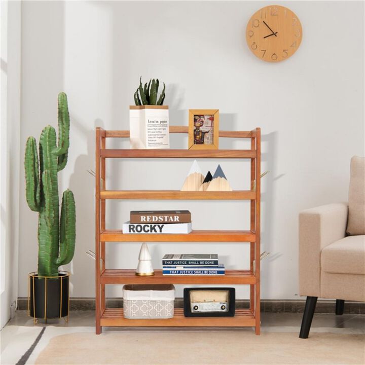 3-Tier Acacia Wood Shoe Rack with Side Metal Hooks for Easy Storage