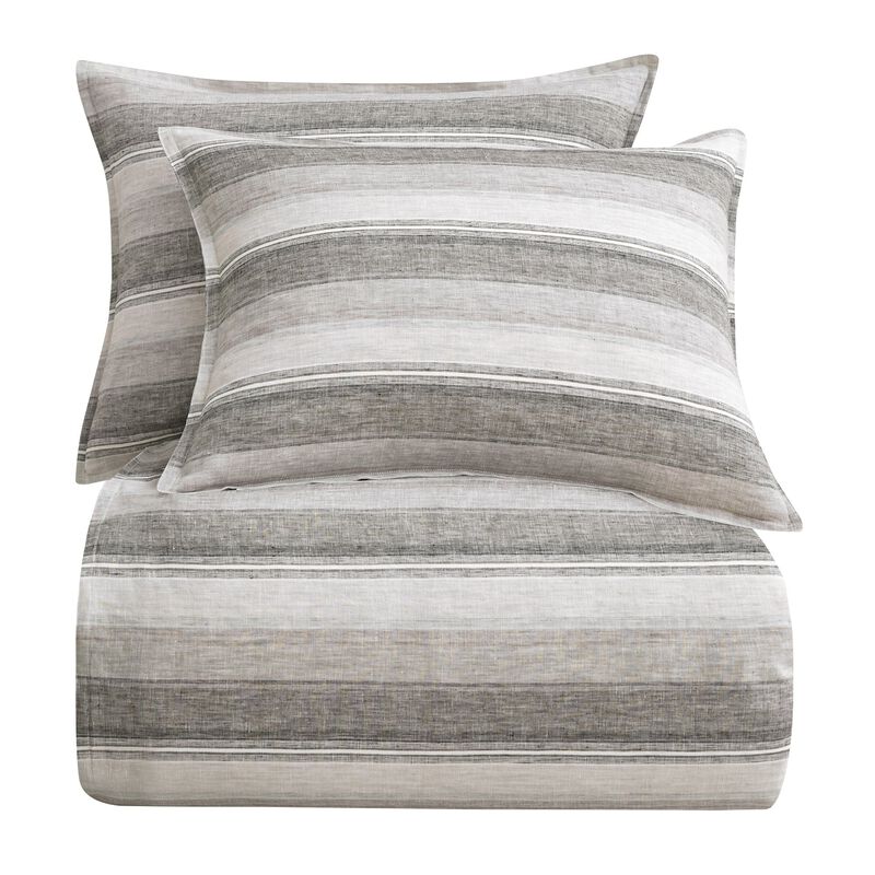 French Flax Linen Queen Variegated Stripe Duvet Cover Set in Charcoal image number 0