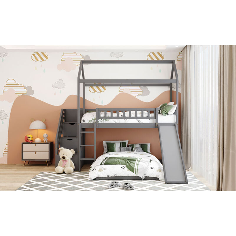 Twin Over Twin Bunk Bed with Two Drawers and Slide, House Bed with Slide, White