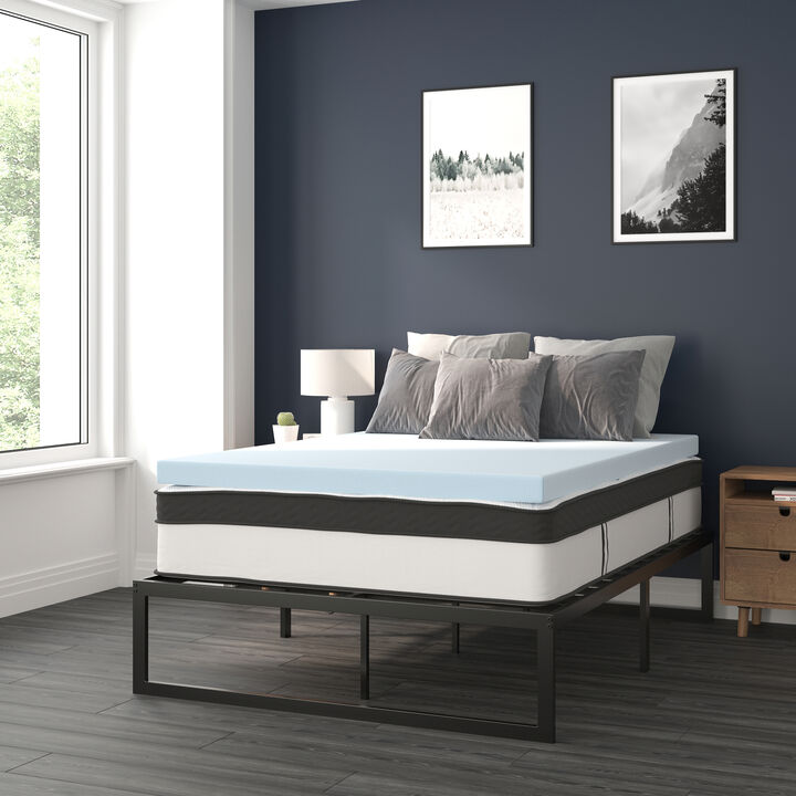 Leo 14 Inch Metal Platform Bed Frame with 12 Inch Pocket Spring Mattress in a Box and 3 inch Cool Gel Memory Foam Topper - Full