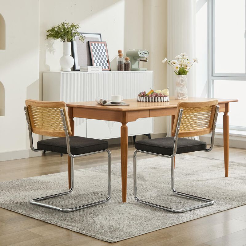 Whisen 2-Piece Mid Century Dining Chairs, Linen Upholstered with Cane Back & Chrome Base, Cantilever Design for Kitchen image number 3