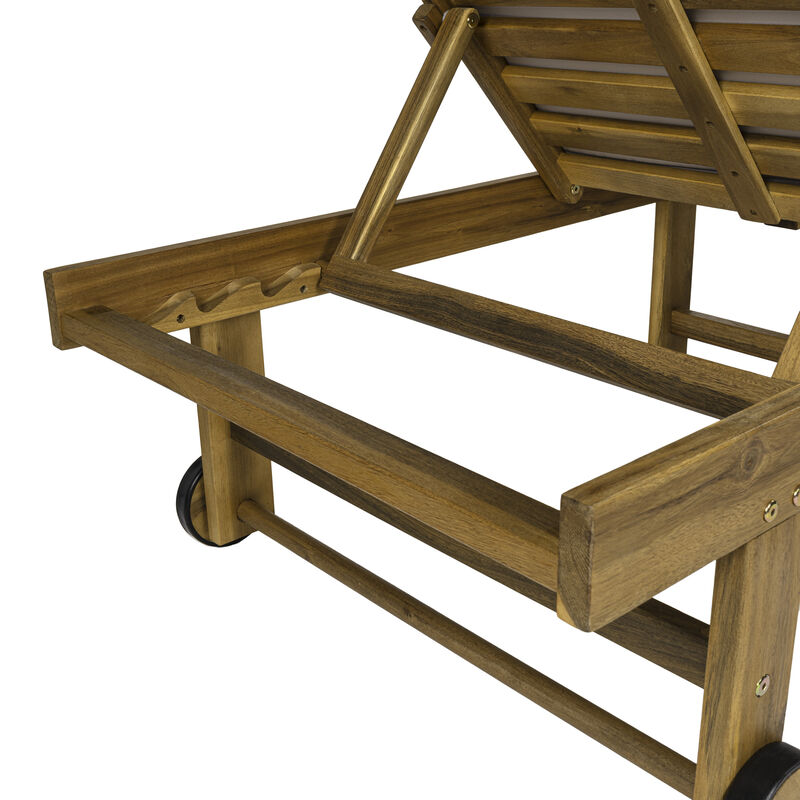 Mallorca Modern Classic Adjustable Acacia Wood Chaise Outdoor Lounge Chair with Cushion & Wheels