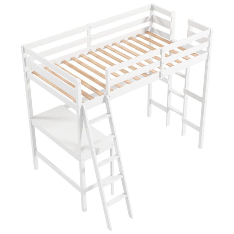 Hivvago Twin Size Loft Bed Frame with Desk Angled and Built-in Ladder