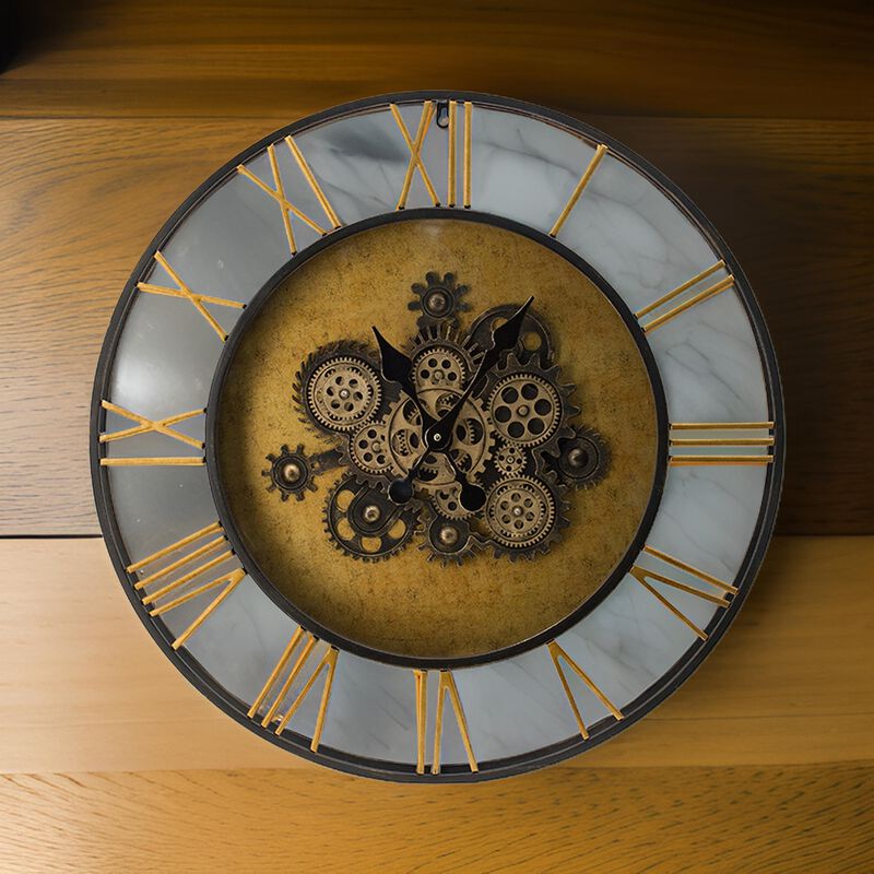 28 Inch Hanging Wall Clock, Round Gear Design, Gold and Black Iron Frame - Benzara