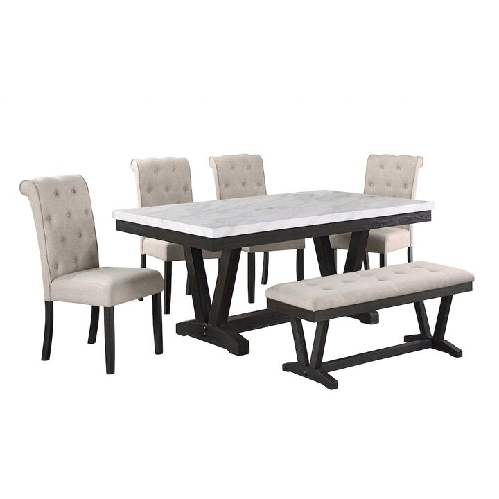 6 pc Dining set Faux Marble Wrap Table set with Beige Linen Chairs and one bench