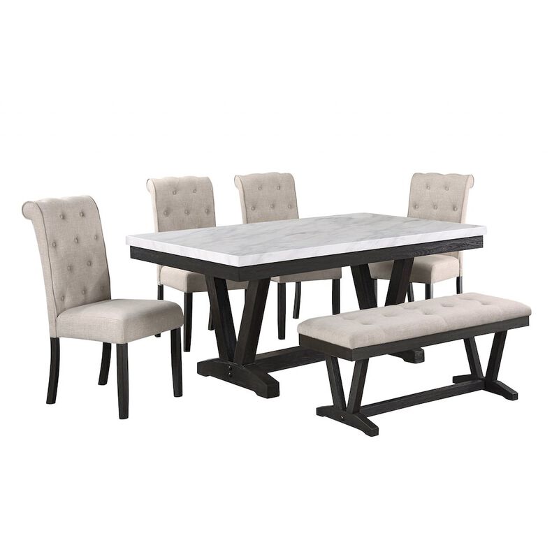 6 pc Dining set Faux Marble Wrap Table set with Beige Linen Chairs and one bench