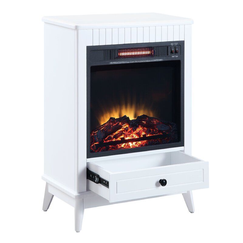 Etu 32 Inch Wood End Table with LED Electric Fireplace, 1 Drawer, White-Benzara