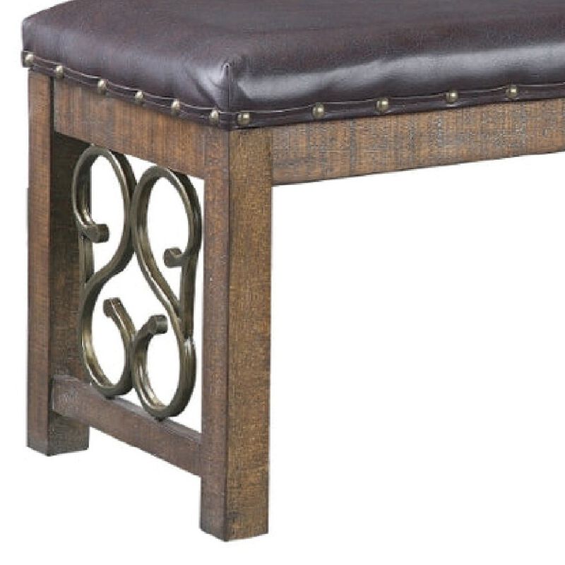 Ral 56 Inch Solid Wood Padded Bench, Metal Scroll Design, Nailhead, Brown - Benzara
