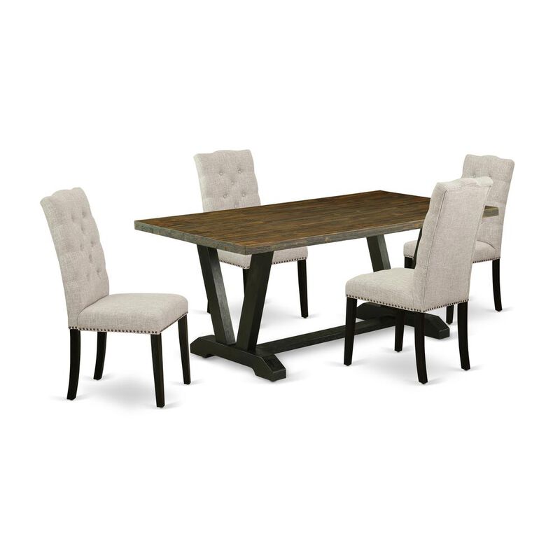 East West Furniture 5-Piece Dining Set Included 4 Kitchen Parson Chair Upholstered Seat and High Button Tufted Chair Back and Rectangular Mid Century Dining Table with Distressed Jacobean Table Top -