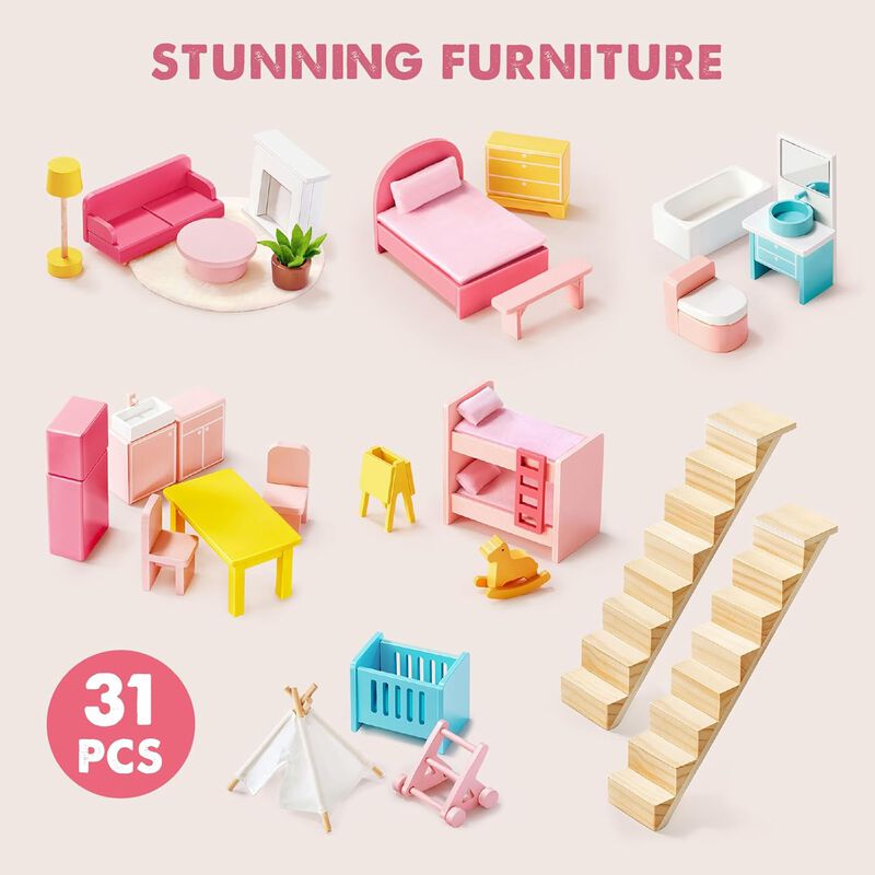 Wooden Dollhouse - 6 Rooms Wooden Doll House, DIY Pretend Doll House with 31Pcs Furniture Accessories, Creative Gift for Girl image number 6