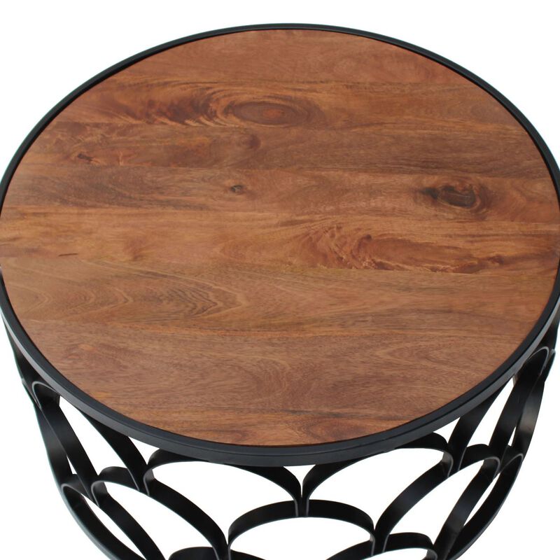 32 Inch Round Coffee Table, Mango Wood Top, Lattice Cut Out Metal Frame, Brown, Black image number 3