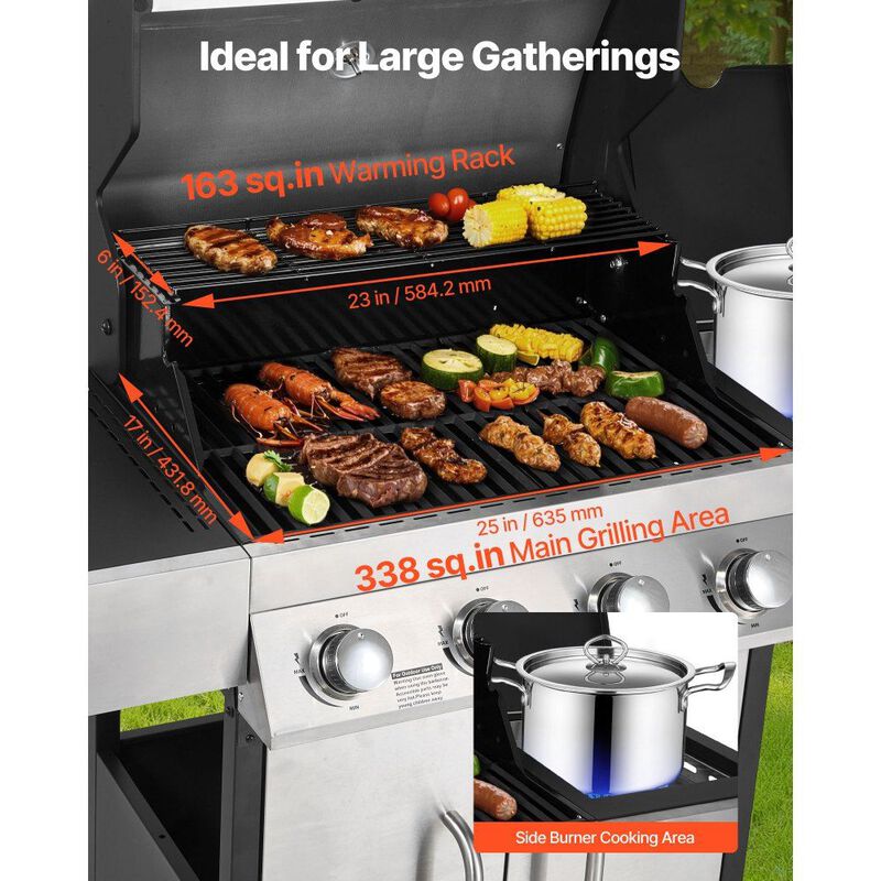 4 Burner BBQ Gas Grill with Side Burner, 52000 BTU Outdoor Patio Grill with Side Shelves image number 6