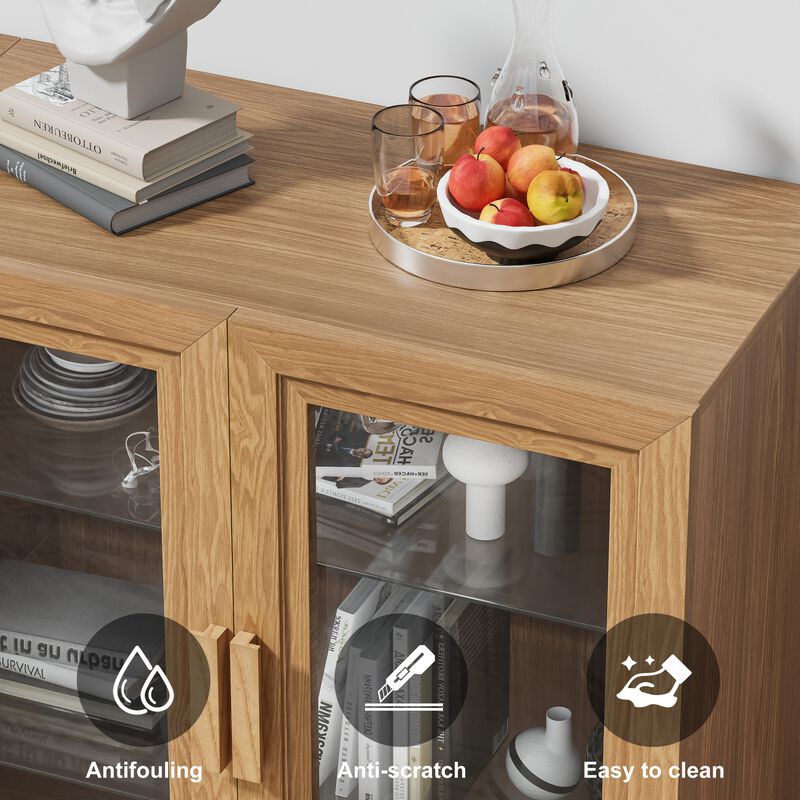 2-Piece Modern Minimalist Glass Door Wood Grain Edge Cabinet, Multifunctional Storage 3-Layer Shelf