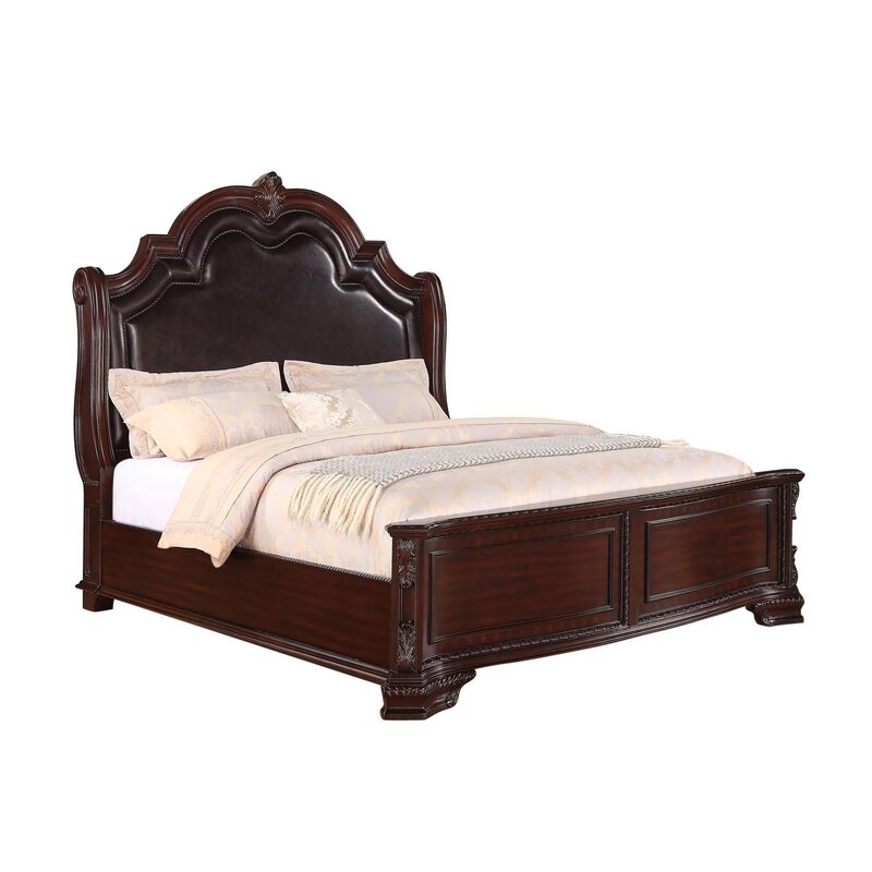 Benjara Chef King Size Bed, Carved, Faux Leather Upholstery, Dark Brown Wood