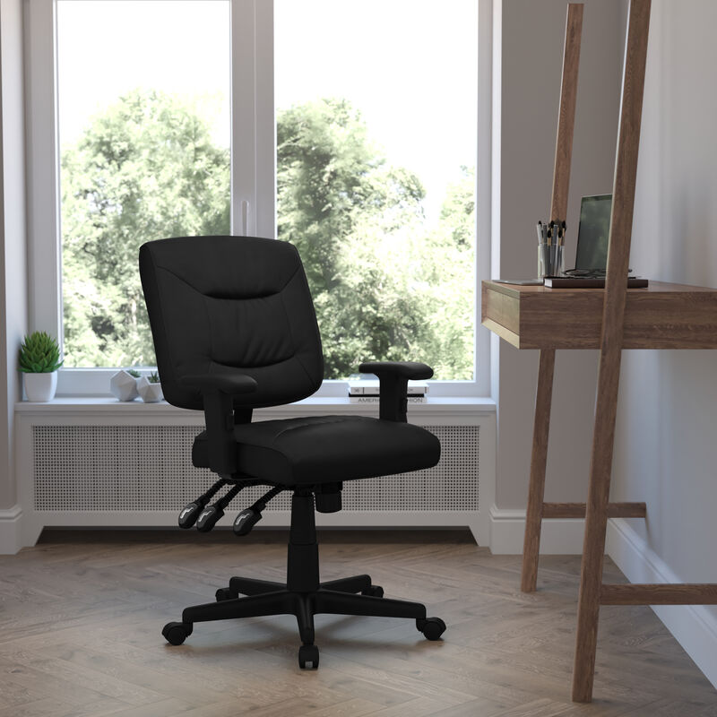Cole Mid-Back Black LeatherSoft Multifunction Swivel Ergonomic Task Office Chair with Adjustable Arms image number 1