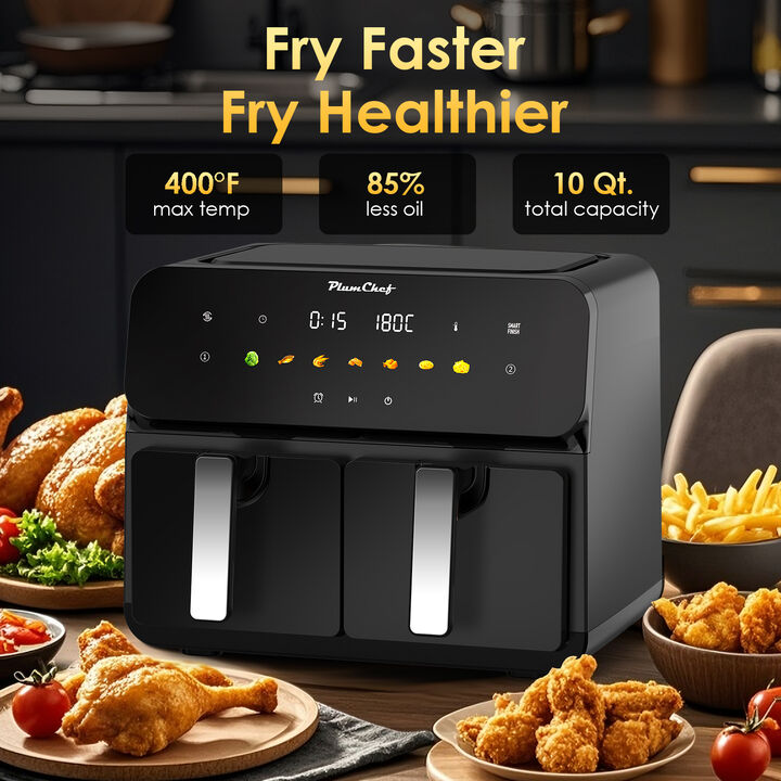 10QT Dual Air Fryer, 2&times;5QT Double Basket, 1700W Rapid Airflow Digital Air Fryer, Family Size for 4-6