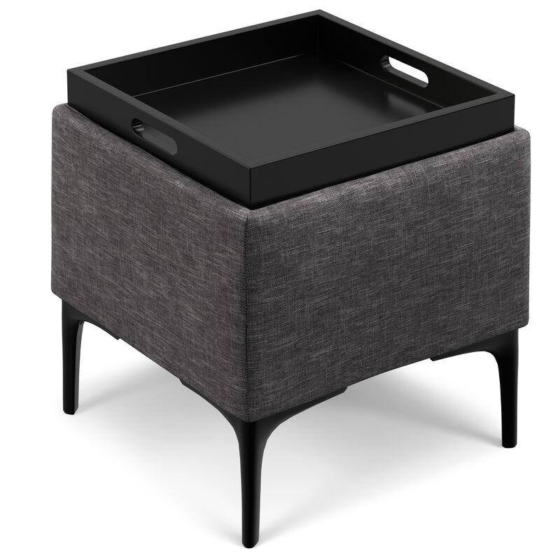 Natasha 18 inch Wide Mid Century Square Mid Century Storage Ottoman with Tray in Slate Grey Polyester Linen, Assembled