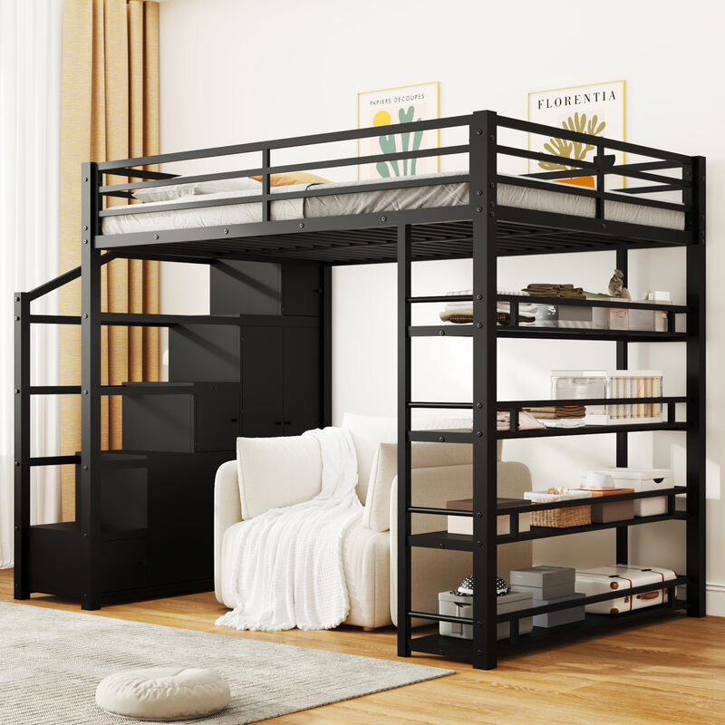 Merax Full Size Metal Loft Bed with 4-Tier Open Shelves, Storage Staircase image number 1