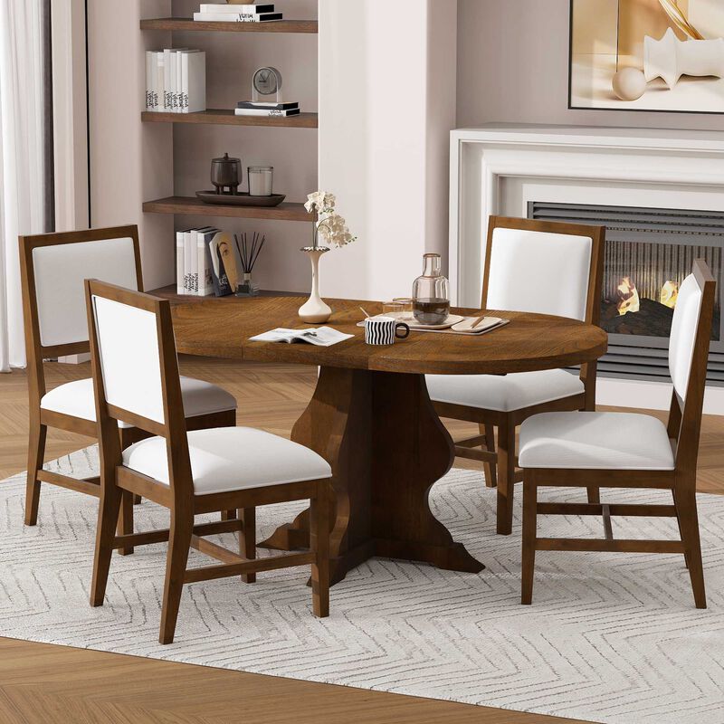 Whisen Farmhouse 5-Piece Dining Table Set with Extendable Table and 4 Upholstered Chairs image number 2