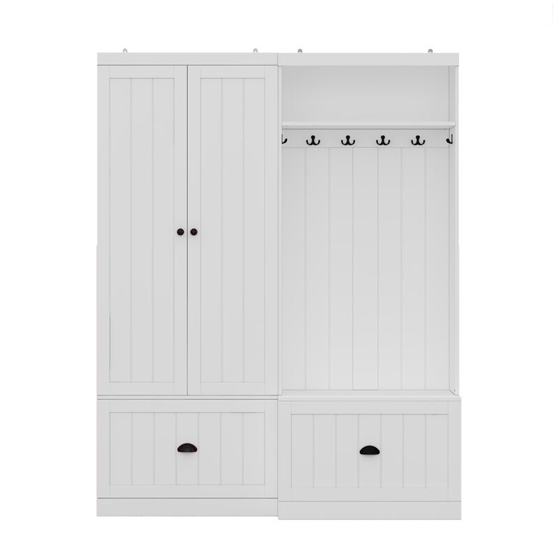 FUFU&GAGA White Hybrid Storage Wardrobe with Concealed Cabinet & Open Hanging, Dual Doors, Drawers, Shelf & Hooks (55.3" W x 17.7" D x 70.9" H)