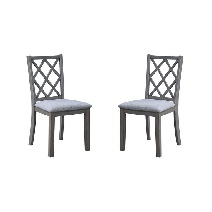 Lisle 21 Inch Dining Chair Set of 2, Cushioned, Cross Back, Gray Solid Wood - Benzara