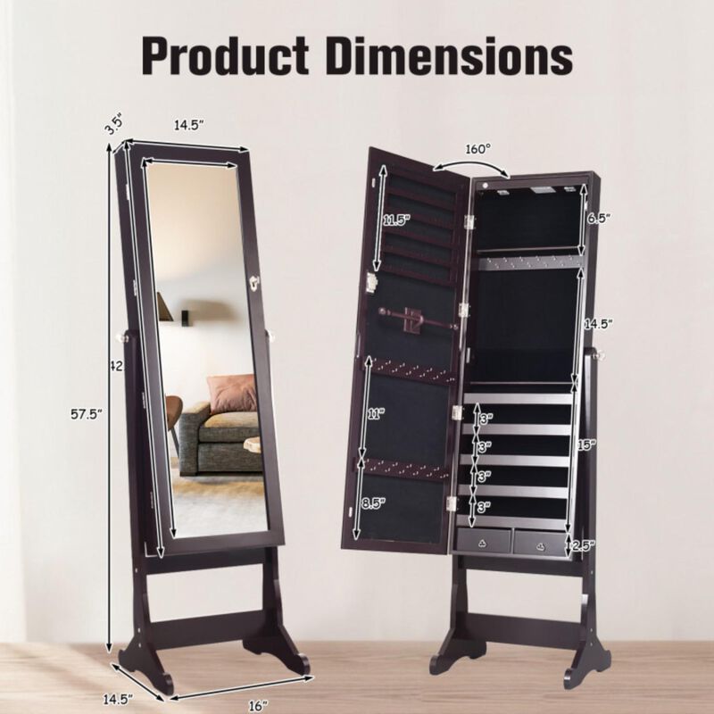 Hivvago Lockable Mirrored Jewelry Cabinet with Stand and Led Lights-Brown