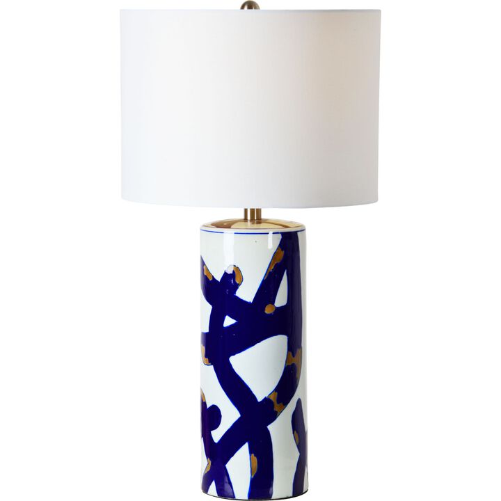 26" White and Cobalt Blue Swirl Table Lamp with White Drum Shade