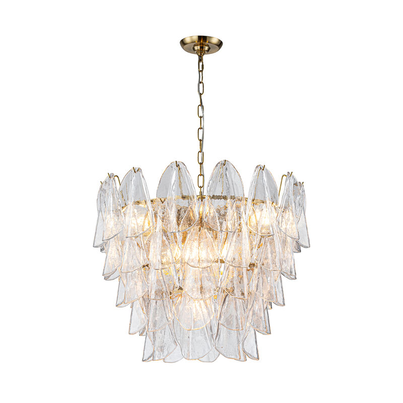 Mid-Century Modern Warm Brass Tiered Glass Chandelier for Dining Room and Entryway image number 0