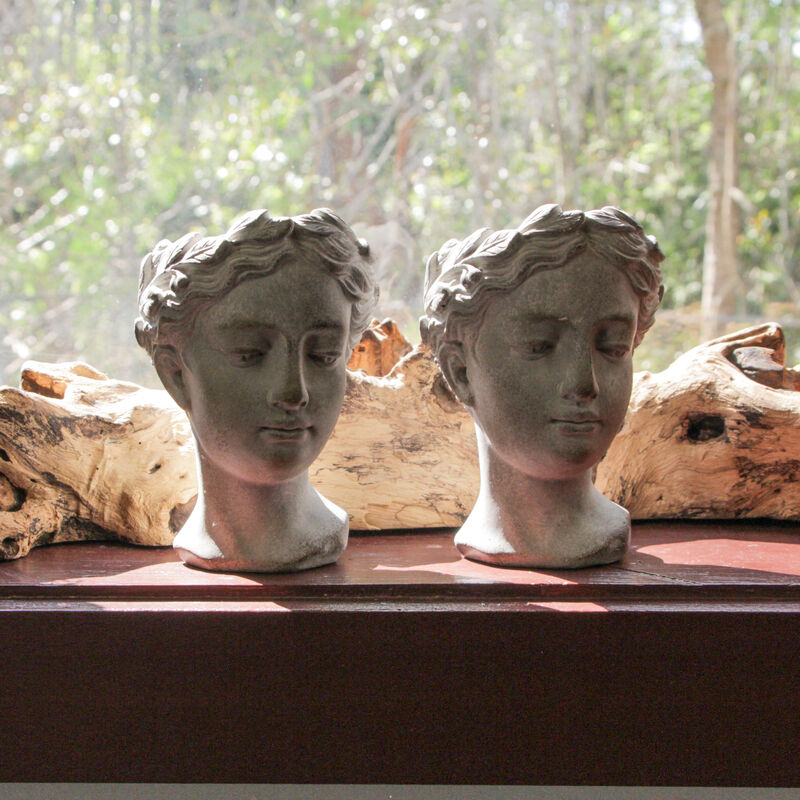 Set of 2 Weathered Gray Greek Lady Statue Wall Mount Cement Head Planter 6 Inch image number 3