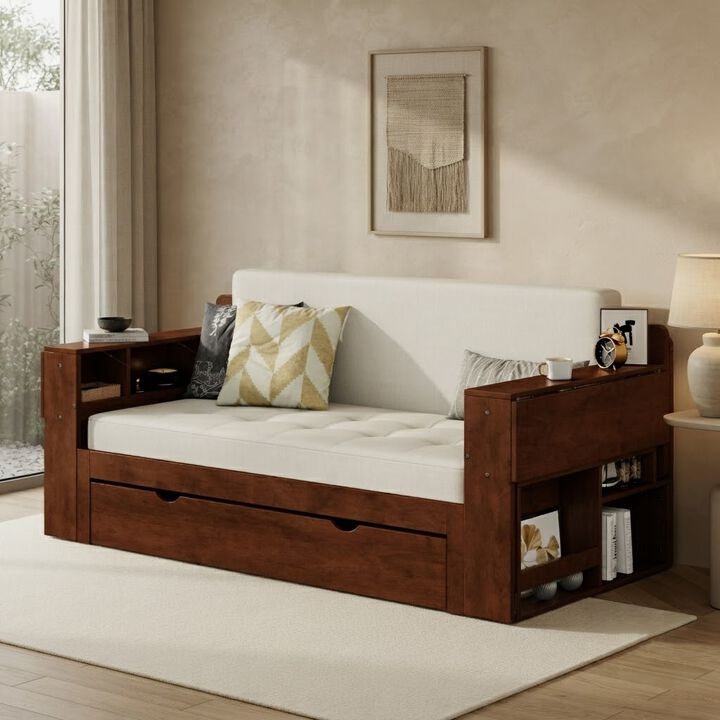 Whisen Full Size Daybed with Removable Desk, Drawers & Hydraulic Armrest, Wood 4-in-1 Multi-functional Sofa Bed for Living Room