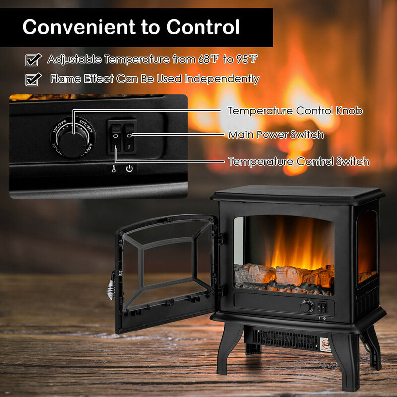 Freestanding Fireplace Heater with Realistic Dancing Flame Effect-Black image number 3