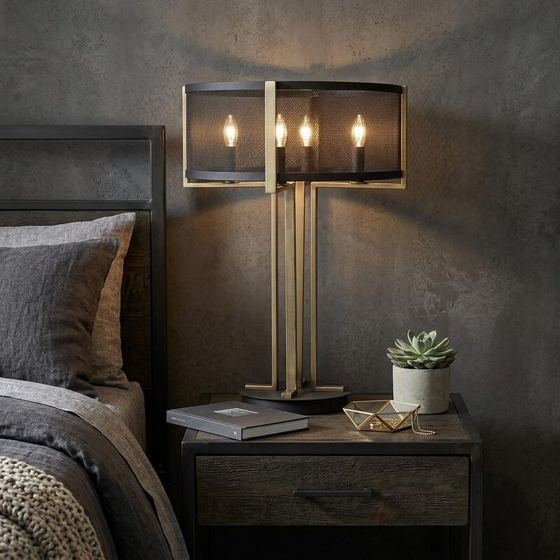 HomeRoots 25" Brass Metal Four Light Geometric Table Lamp With Black Drum Shade image number 1