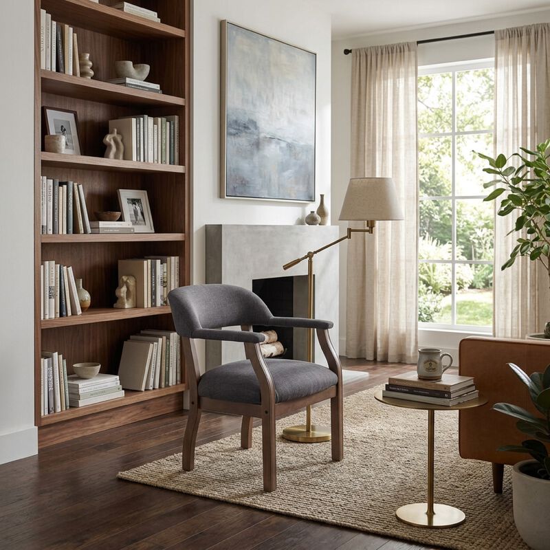 Captain's Guest Chair, Padded Arms, Driftwood Brown Frame, Gray Linen image number 8