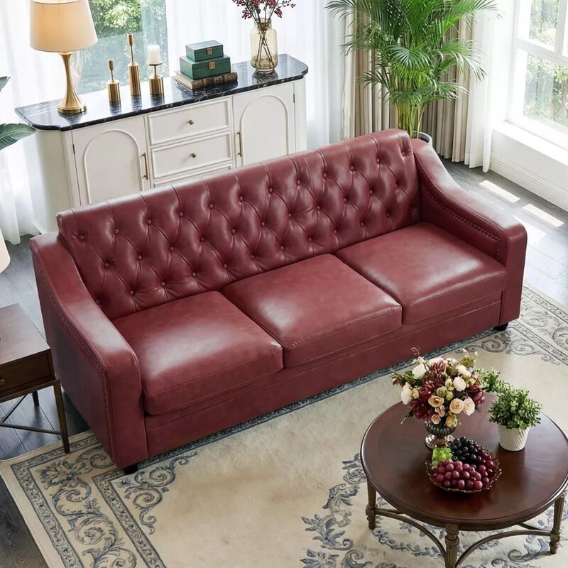 Vipbear 78.7" Chesterfield Faux Leather Sofa, 3 Seater Brown PU Couch Nailhead Trim for Living Room image number 7