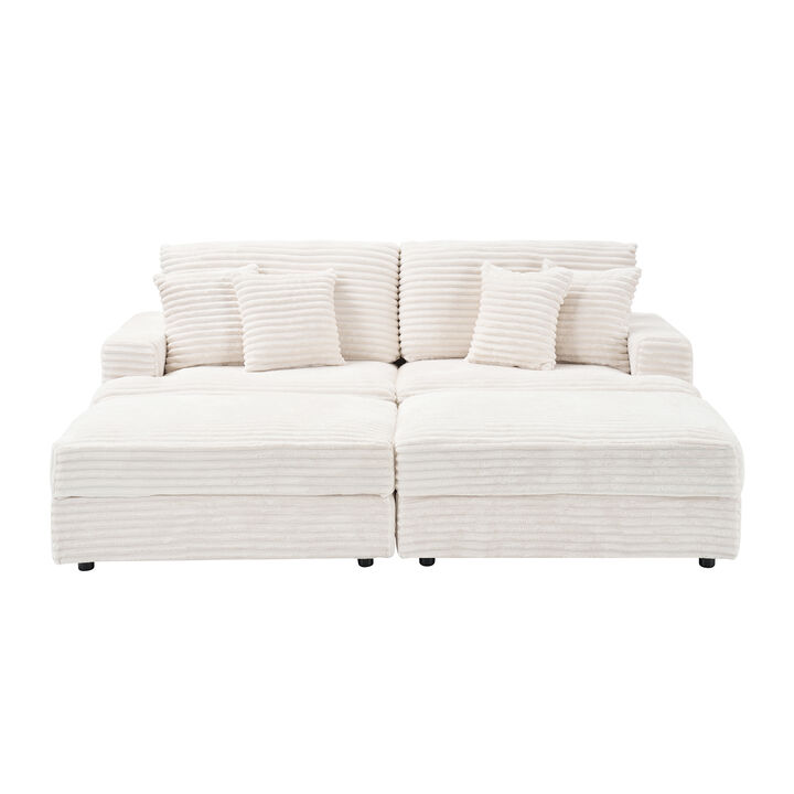 Merax Corduroy Sofa with Movable Storage Ottomans & Pillows