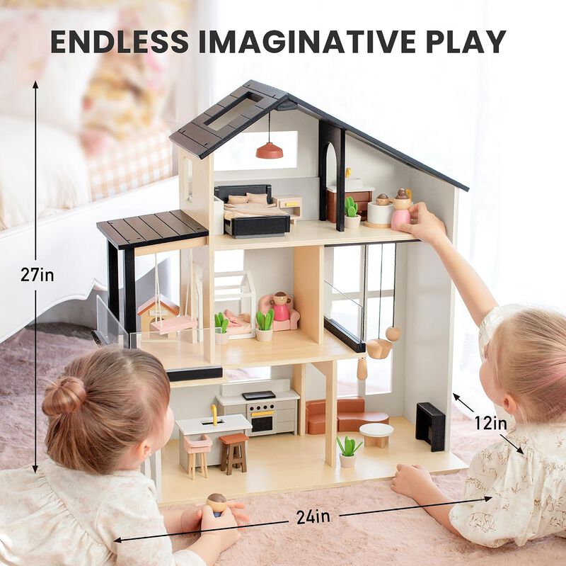 Wooden Doll House, Modern Family Dollhouse with Realistic Design - 7 Rooms Dollhouse with 53 PCS Accessories, Montessori Pretend Play Toddler Toy image number 2
