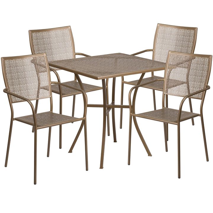 Flash Furniture Oia Commercial Grade 28" Square Gold Indoor-Outdoor Steel Patio Table Set with 4 Square Back Chairs