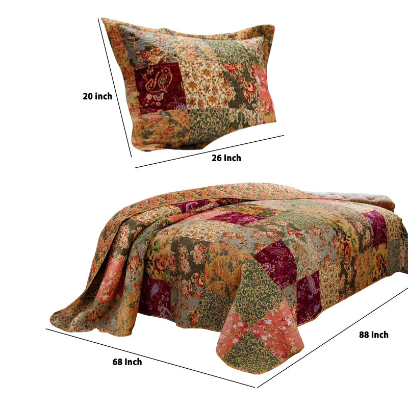 Kamet 2 Piece Fabric Twin Size Quilt Set with Floral Prints, Multicolor - Benzara