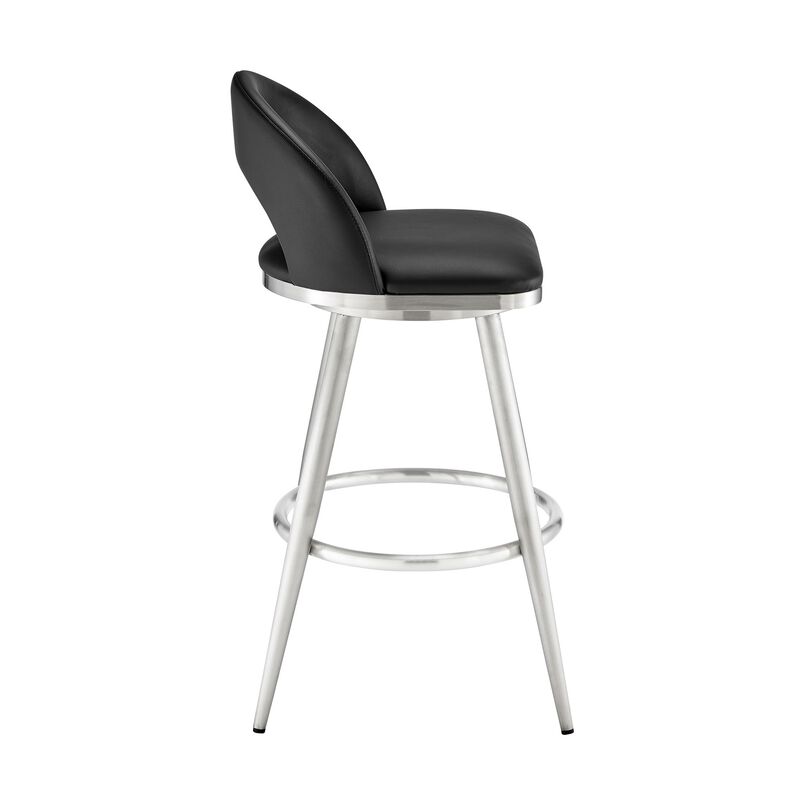 Visy 30 Inch Swivel Barstool Chair, Round Open Back, Black Faux Leather - Benzara
