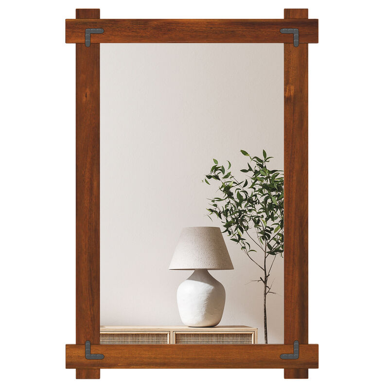 Wood Framed Mirror with Acacia Wood Frame and Vintage Rivet Design