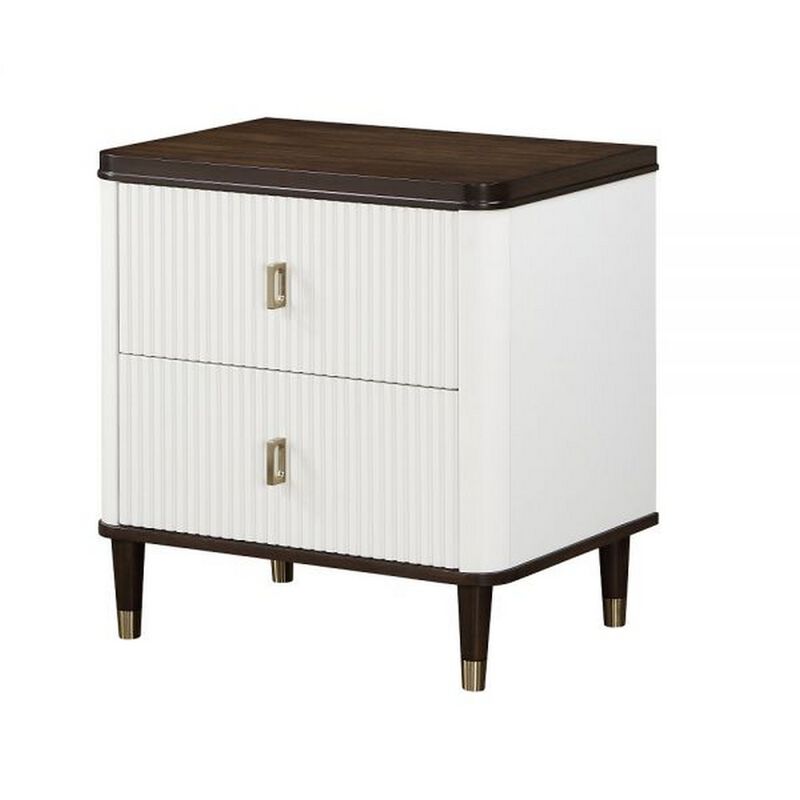 Aren 27 Inch Nightstand, 2 Drawers, USB Charger, Solid Wood, White, Brown - Benzara