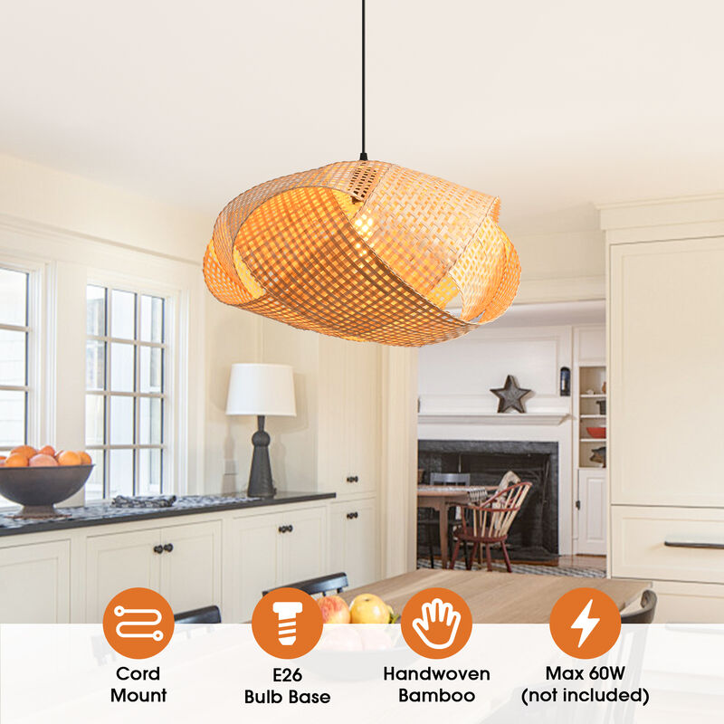 19.7" Coastal Handwoven Bamboo Natural Strap Globe Shape Pendant Light for Living Room, Dining Room and Kitchen Island image number 9